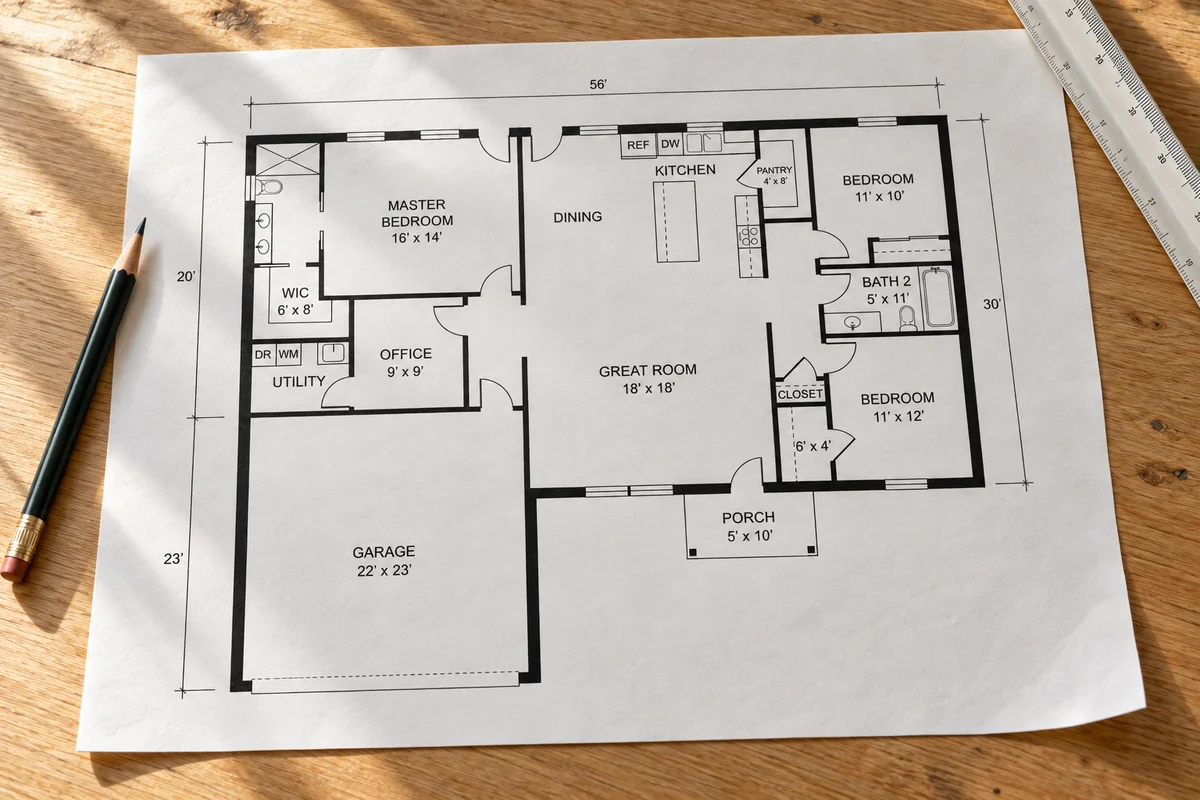 The Willow floor plan laid out on a drafting table